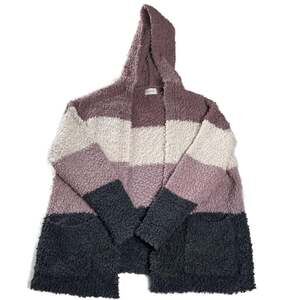 Mia & Tess L Hooded Open Front Cardigan Boucle Colorblock Cozy Sweater